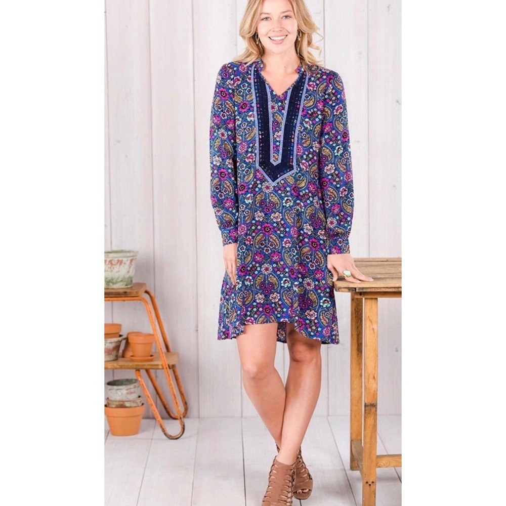 Matilda Jane XS Blue Floral Paisley Crochet Lace Trim boho Tunic Dress Coastal - Picture 1 of 6